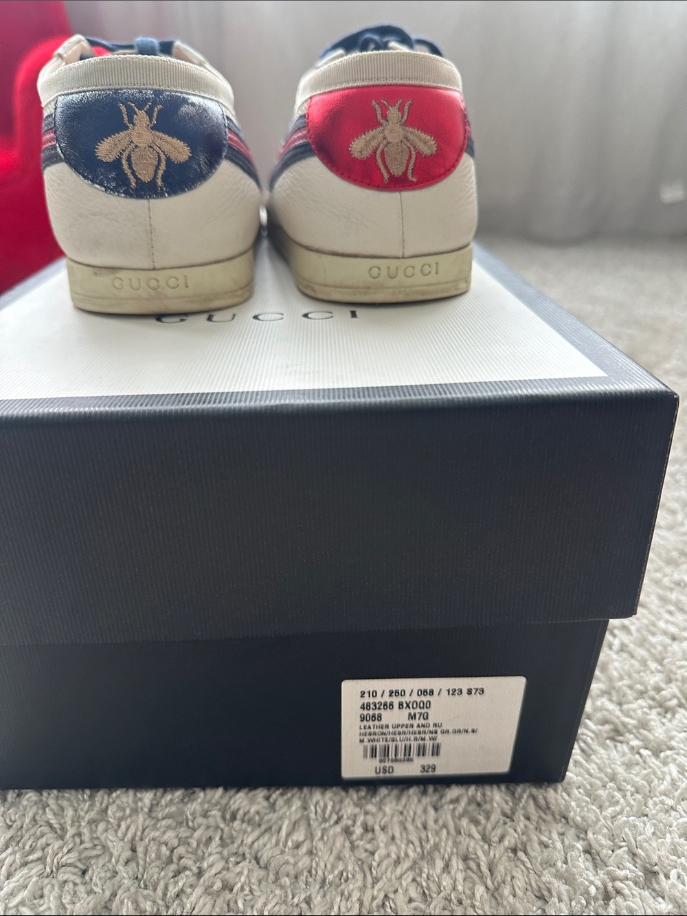 Gucci Men’s Cream Leather Sneakers with Black & Red Stripes